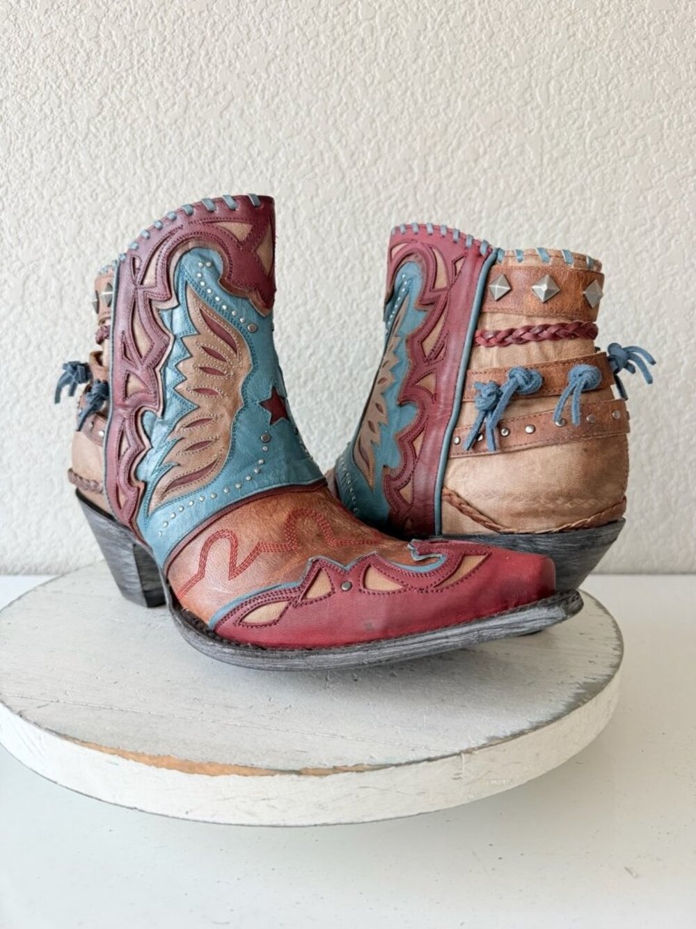 Old Gringo EAGLE FLIGHT Short Cowboy Boots Blue Red Womens 9.5 Snip Toe Leather